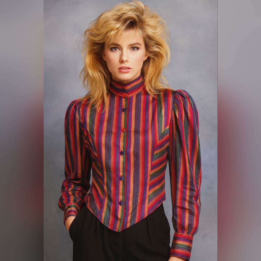 1980s Sasha Striped Print Puffed‎ Long Sleeve Acetate Blouse Shirt Top